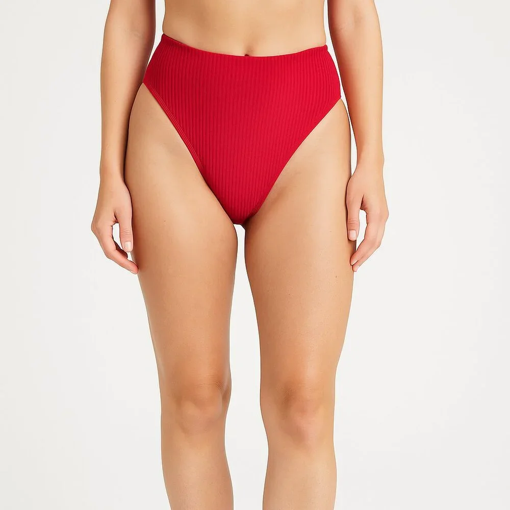 NWT L*Space Frenchi Bikini Bottom Red Ribbed High Waist‎ Swimwear – Women’s XL